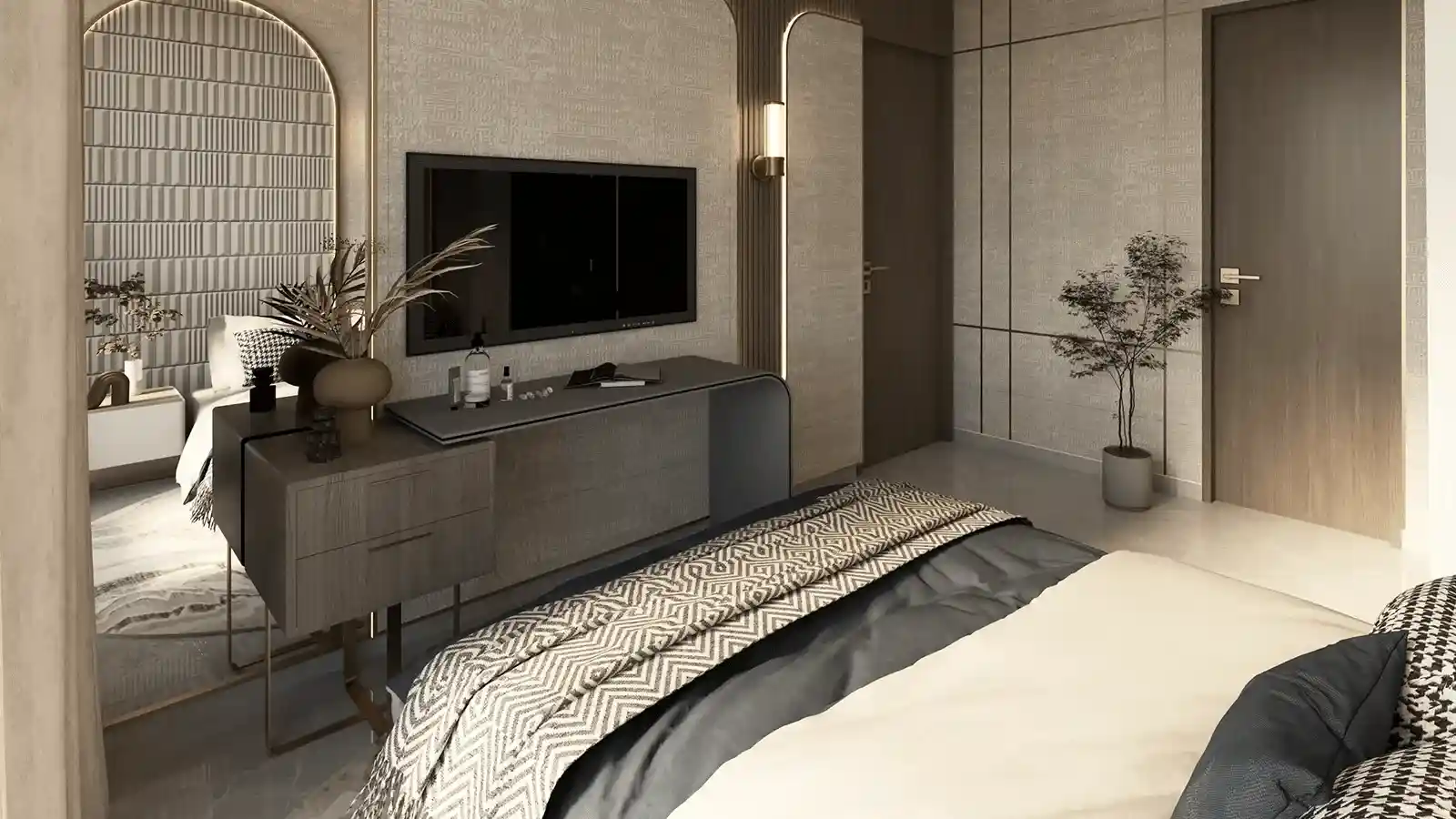 Elegant master bedroom design in a villa at Rustomjee Karjat