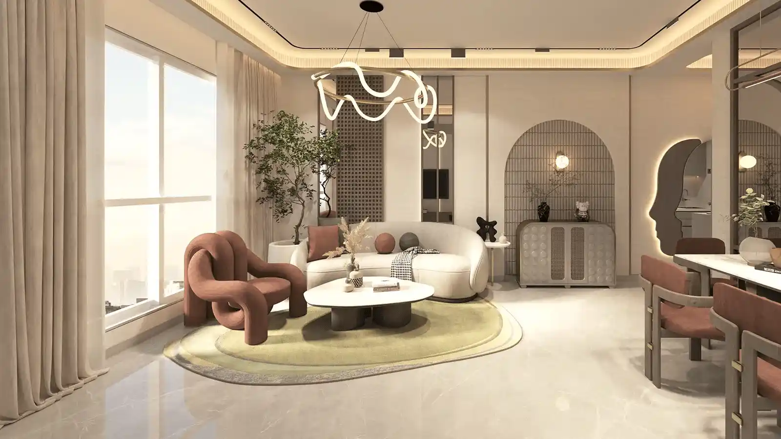 Bright and spacious living room interior design in a villa at Rustomjee Karjat